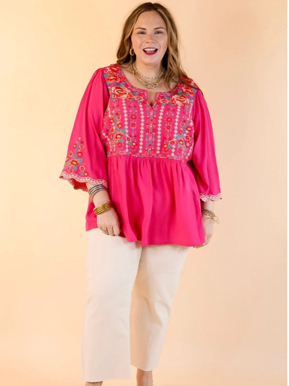 NWT Savanna Jane Women’s 3X Hot Pink Babydoll Top Floral Embroidery Boho Western